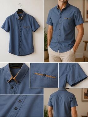 SHEIN Slate Blue Short-Sleeve Button-Down Shirt with Tan Trim